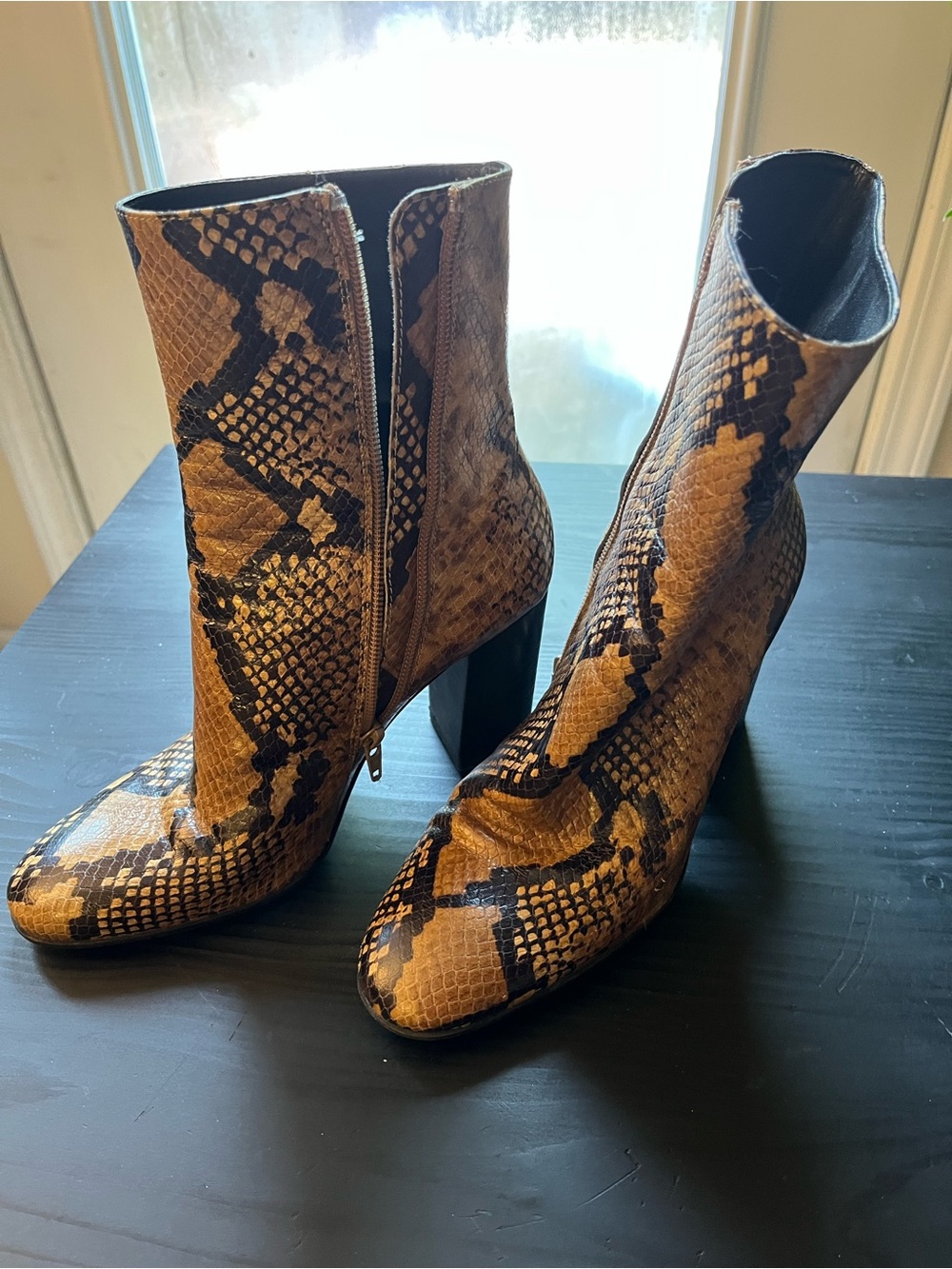 Zara Yellow Snake-Print Pointed Toe Ankle Boots - Picture 4 of 6